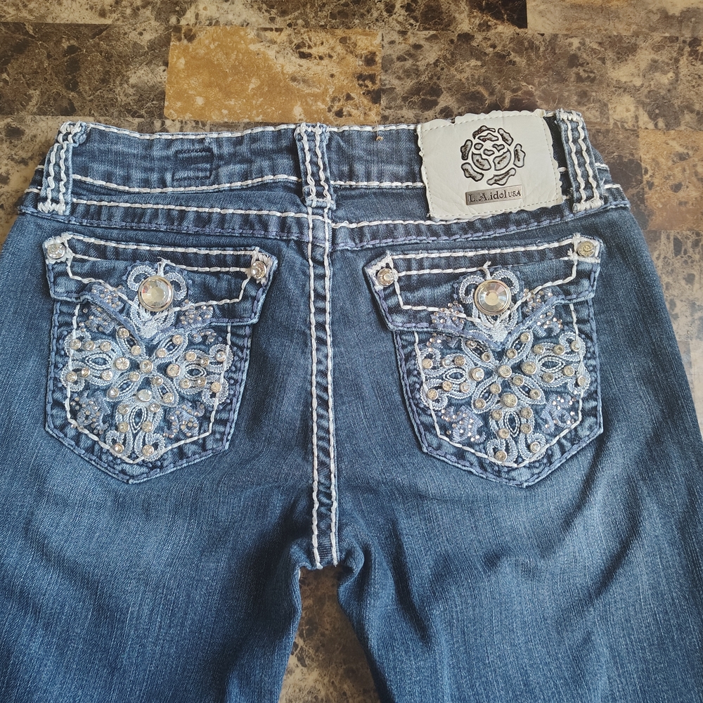 Miss Me Blue Straight Leg Jeans with Ornate Embellishments